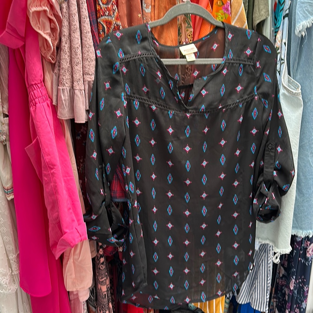 Black western tunic with turquoise and fuchsia details. Mossimo size medium